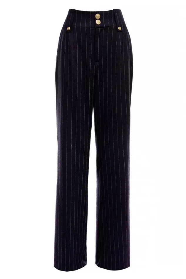 Women High Waisted Straight Trouser Navy Chalk Pinstripe Holland Cooper Tailoring