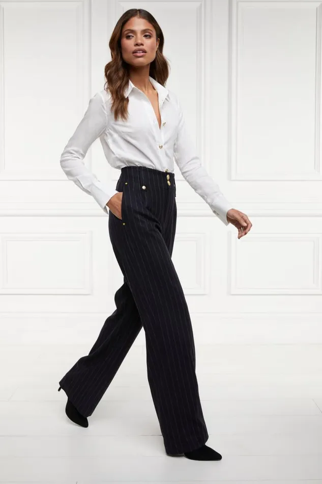 Women High Waisted Straight Trouser Navy Chalk Pinstripe Holland Cooper Tailoring