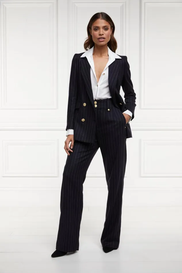 Women High Waisted Straight Trouser Navy Chalk Pinstripe Holland Cooper Tailoring