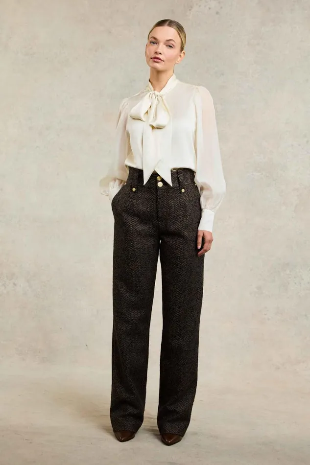 Women High Waisted Straight Trouser Walnut Herringbone Holland Cooper Tailoring