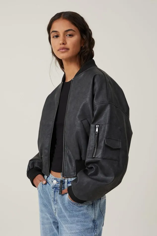 Women Jackets Cotton On Faux Leather Cropped Bomber Jacket Black