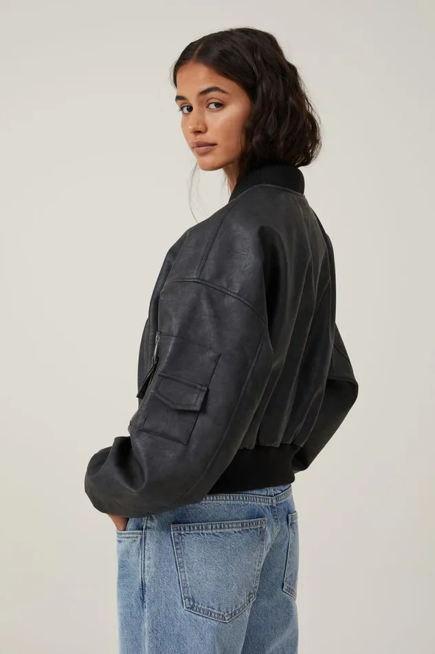 Women Jackets Cotton On Faux Leather Cropped Bomber Jacket Black