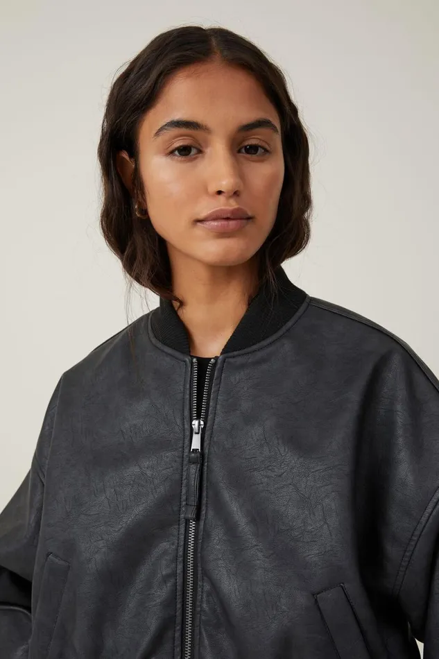 Women Jackets Cotton On Faux Leather Cropped Bomber Jacket Black