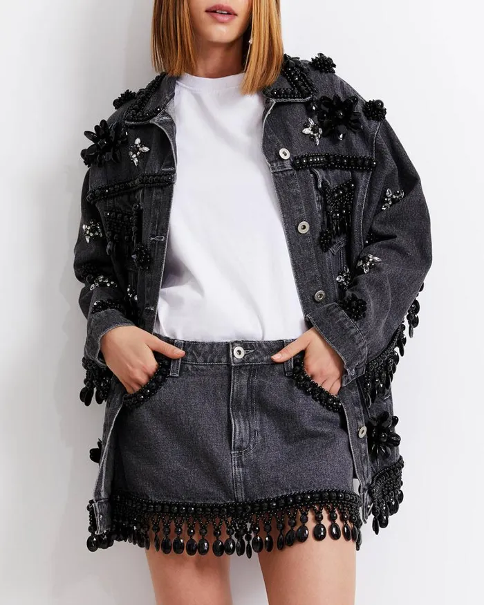 Women Jackets PatBO HANDBEADED DENIM JACKET FINAL SALE Black