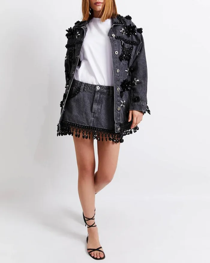 Women Jackets PatBO HANDBEADED DENIM JACKET FINAL SALE Black