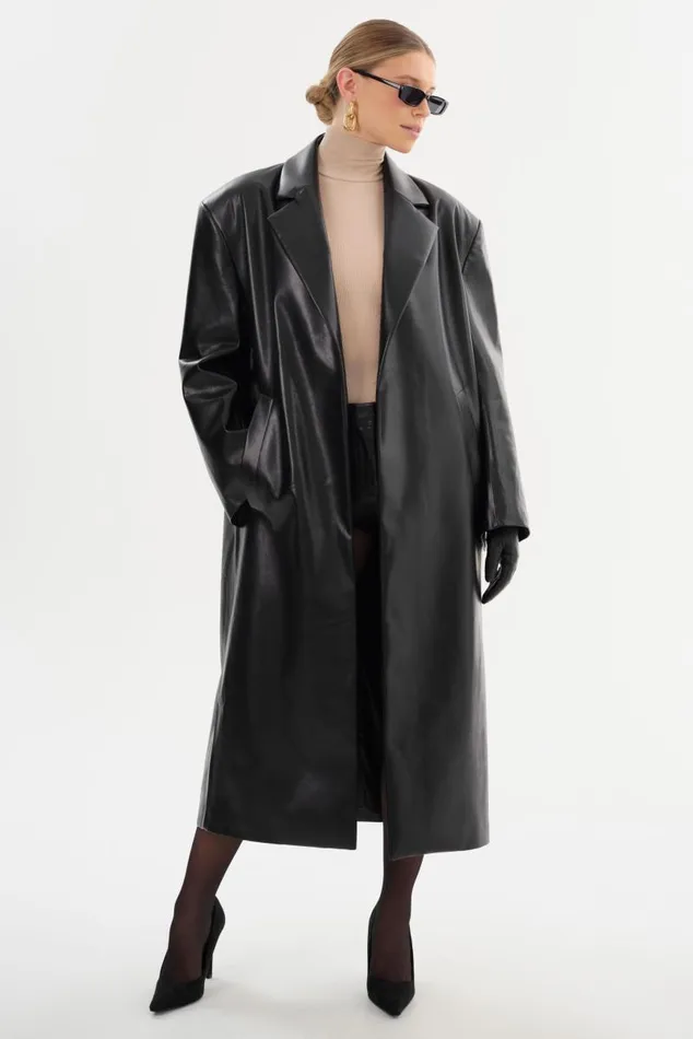 Women JANELLE Recycled Leather Coat Black LAMARQUE Trench Coats