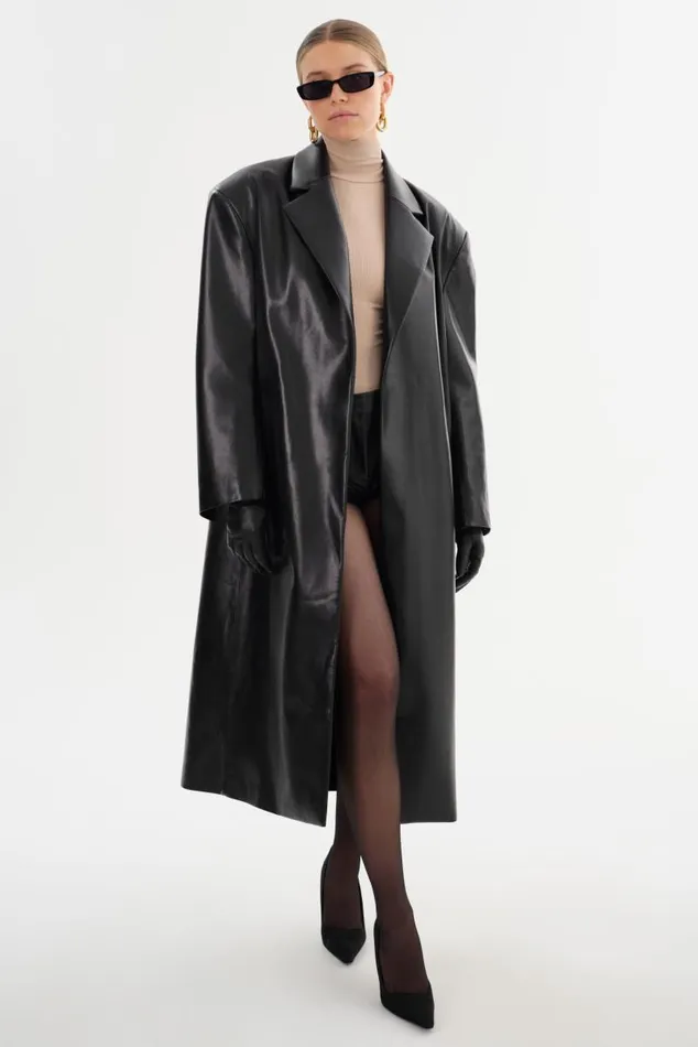 Women JANELLE Recycled Leather Coat Black LAMARQUE Trench Coats Women JANELLE Recycled Leather Coat Black LAMARQUE Trench Coats