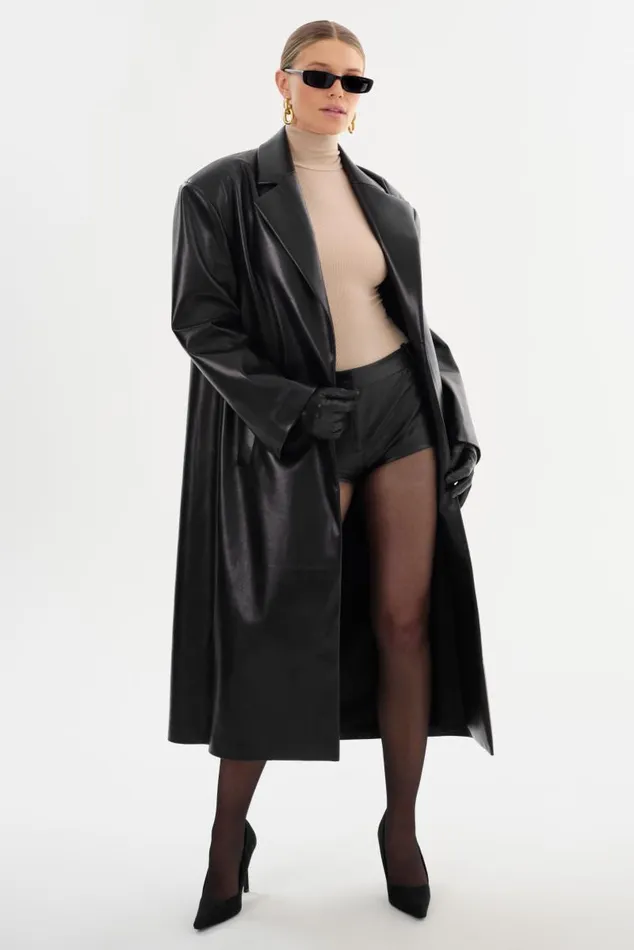Women JANELLE Recycled Leather Coat Black LAMARQUE Trench Coats Women JANELLE Recycled Leather Coat Black LAMARQUE Trench Coats