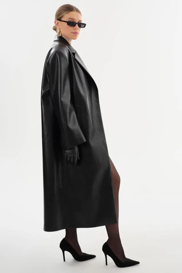 Women JANELLE Recycled Leather Coat Black LAMARQUE Trench Coats Women JANELLE Recycled Leather Coat Black LAMARQUE Trench Coats