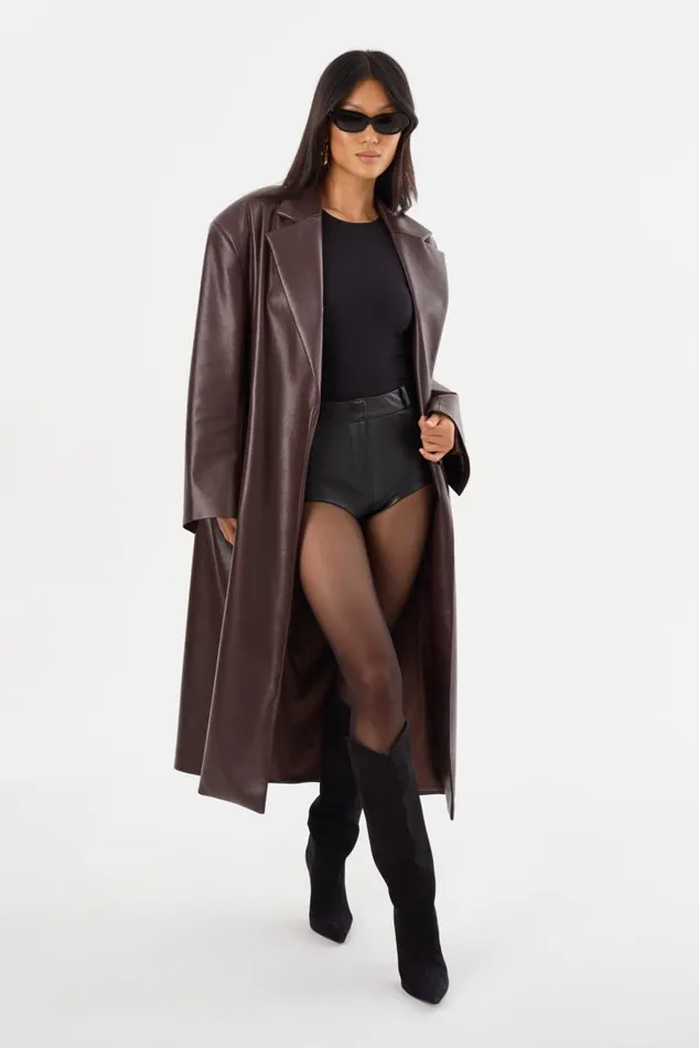 Women JANELLE Recycled Leather Coat Mahogany LAMARQUE Trench Coats Women JANELLE Recycled Leather Coat Mahogany LAMARQUE Trench Coats