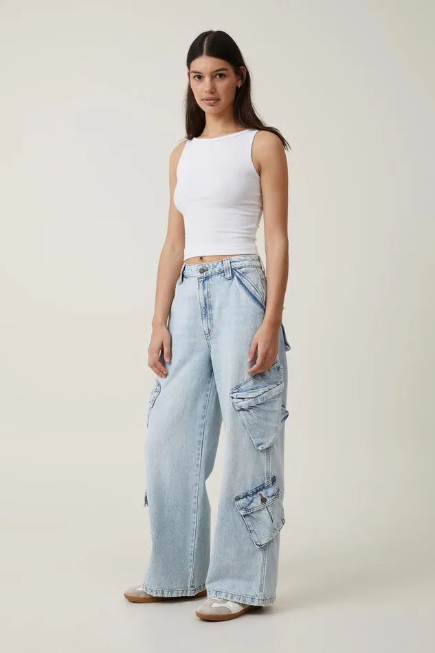 Women Jeans Cotton On Cargo Super Baggy Jean Palm Blue