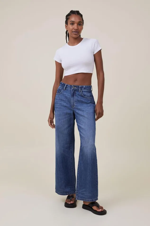 Women Jeans Cotton On Relaxed Wide Leg Jean Bottle Blue