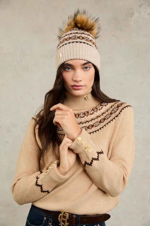 Women Jennifer Fairisle Bobble Hat Light Camel Holland Cooper Hats and Headbands