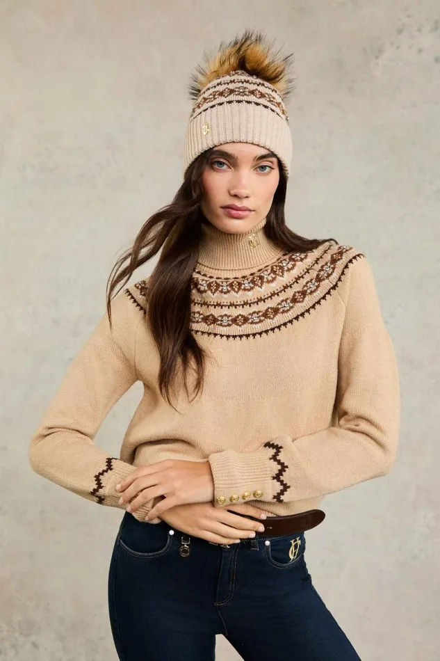 Women Jennifer Fairisle Bobble Hat Light Camel Holland Cooper Hats and Headbands