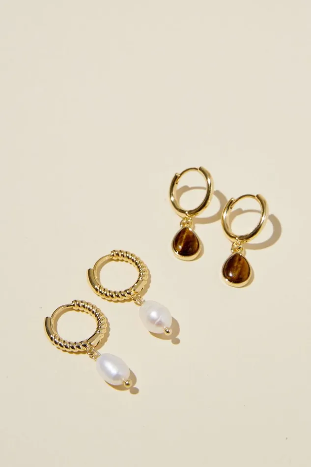 Women Jewelry Cotton On 2Pk Mid Earring Gold Plated Tigers Eye and Pearl