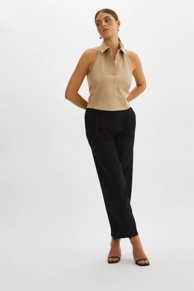 Women JULANE Leather Halterneck Top Wheat LAMARQUE Tops Women JULANE Leather Halterneck Top Wheat LAMARQUE Tops
