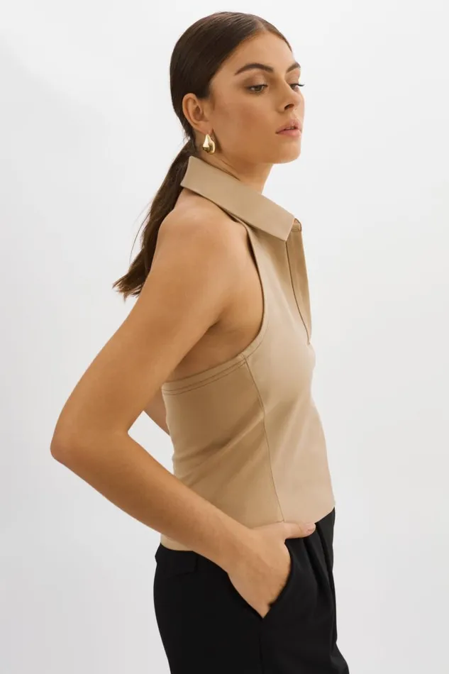 Women JULANE Leather Halterneck Top Wheat LAMARQUE Tops Women JULANE Leather Halterneck Top Wheat LAMARQUE Tops