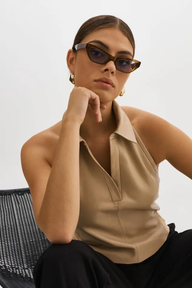 Women JULANE Leather Halterneck Top Wheat LAMARQUE Tops Women JULANE Leather Halterneck Top Wheat LAMARQUE Tops