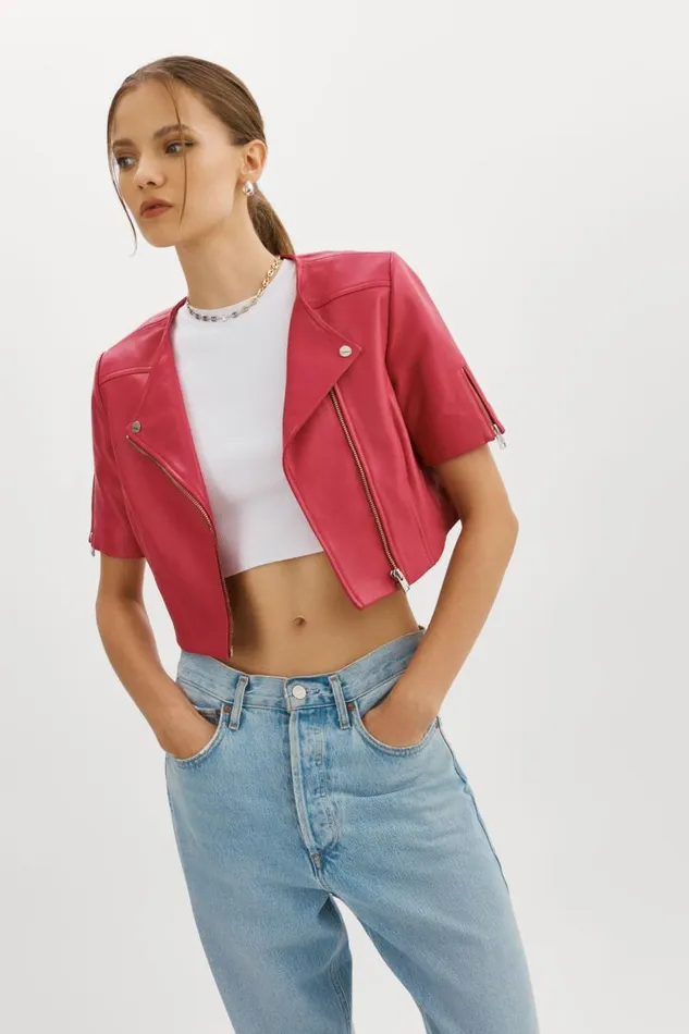 Women KIRSI Cropped Biker Jacket Berry LAMARQUE Short Sleeve Jackets