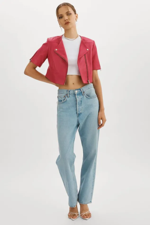 Women KIRSI Cropped Biker Jacket Berry LAMARQUE Short Sleeve Jackets