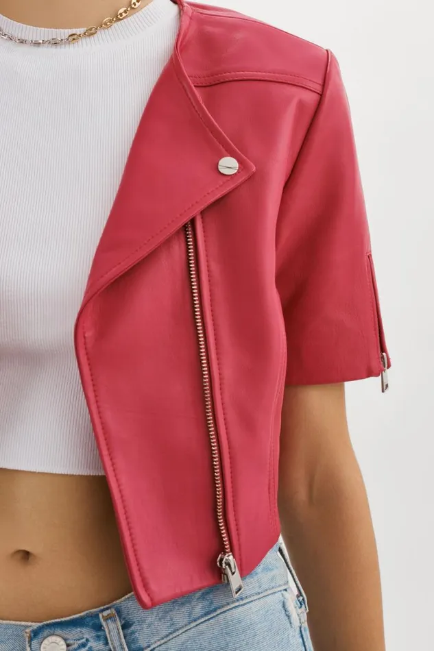 Women KIRSI Cropped Biker Jacket Berry LAMARQUE Short Sleeve Jackets