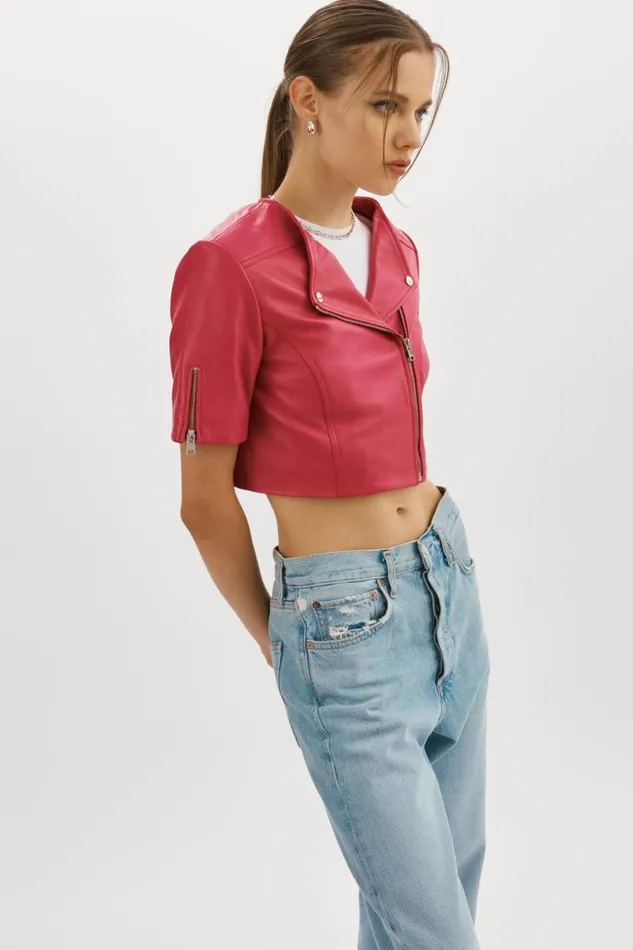 Women KIRSI Cropped Biker Jacket Berry LAMARQUE Short Sleeve Jackets