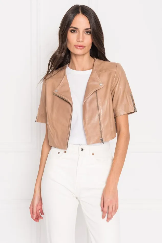Women KIRSI Cropped Biker Jacket Camel LAMARQUE Biker Jackets