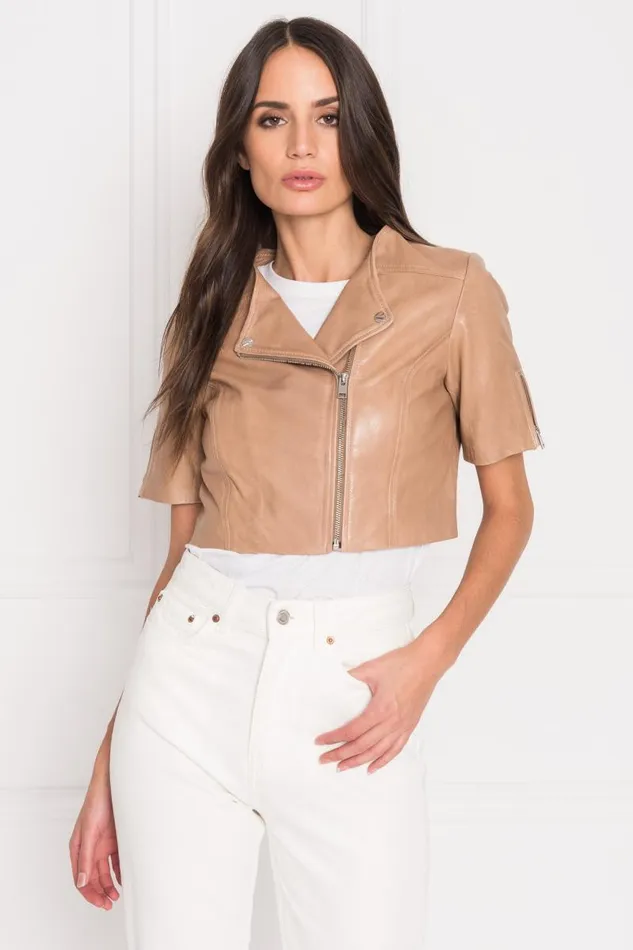 Women KIRSI Cropped Biker Jacket Camel LAMARQUE Biker Jackets