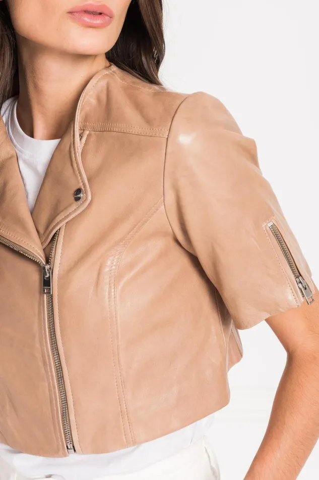 Women KIRSI Cropped Biker Jacket Camel LAMARQUE Biker Jackets