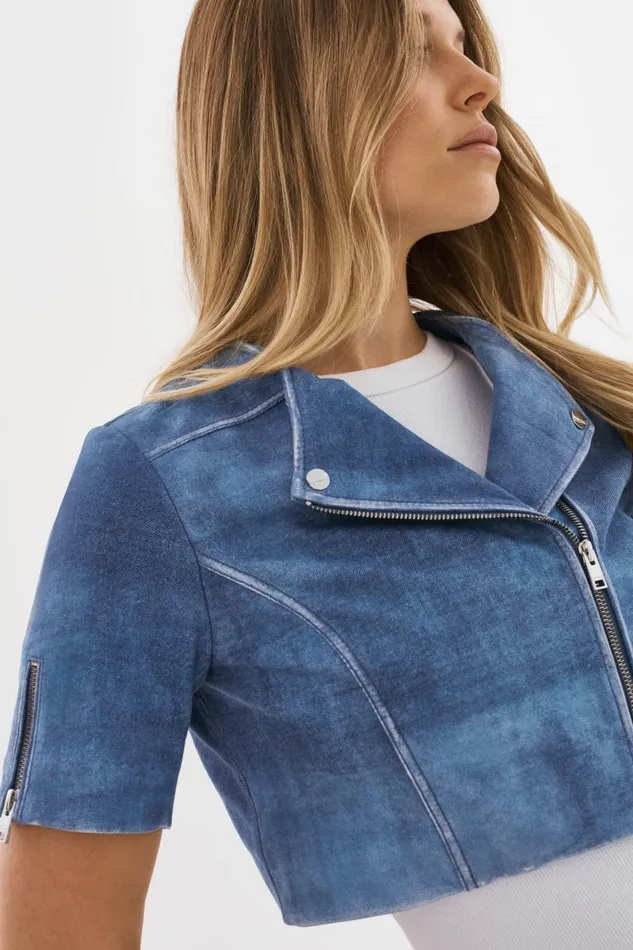 Women KIRSI Cropped Biker Jacket Distressed Indigo LAMARQUE Leather Jackets