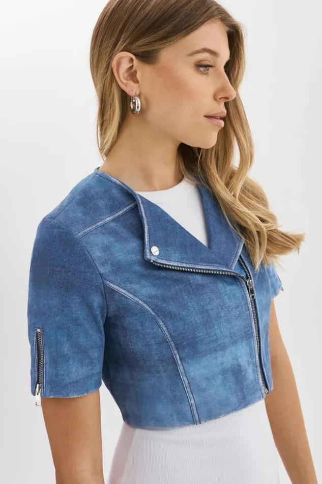 Women KIRSI Cropped Biker Jacket Distressed Indigo LAMARQUE Leather Jackets