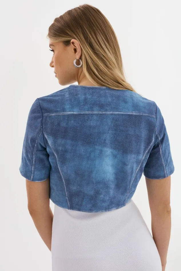 Women KIRSI Cropped Biker Jacket Distressed Indigo LAMARQUE Leather Jackets