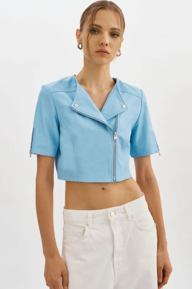Women KIRSI Cropped Biker Jacket Powder Blue LAMARQUE Short Sleeve Jackets
