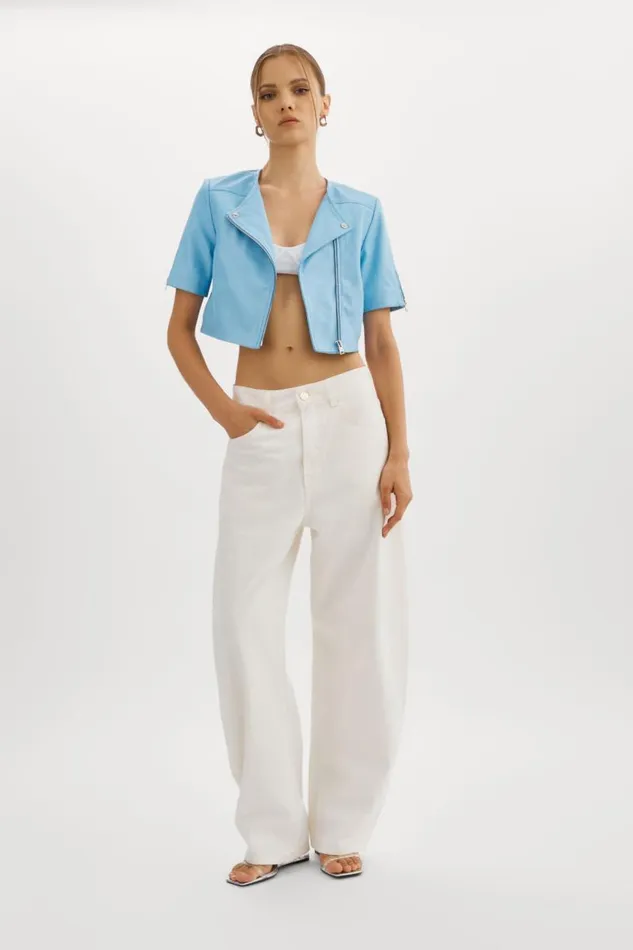 Women KIRSI Cropped Biker Jacket Powder Blue LAMARQUE Short Sleeve Jackets