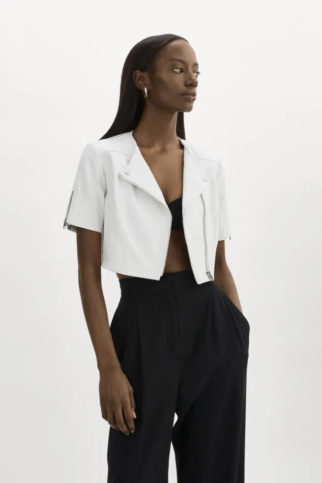 Women KIRSI Cropped Biker Jacket White LAMARQUE Short Sleeve Jackets