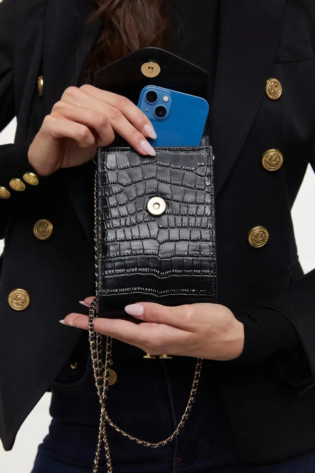 Women Knightsbridge Phone Pouch Black Croc Holland Cooper Bags