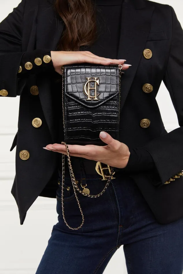 Women Knightsbridge Phone Pouch Black Croc Holland Cooper Bags