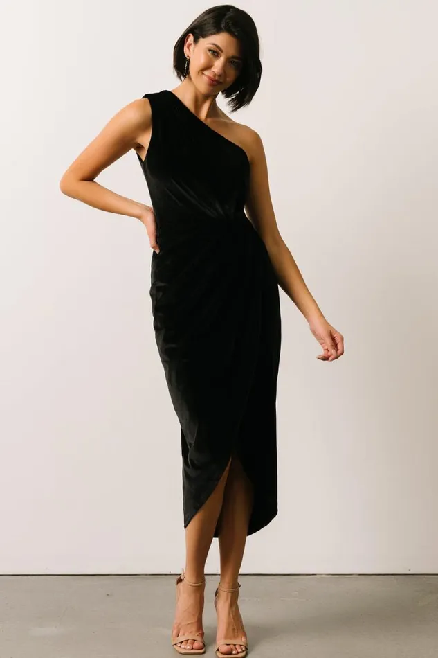 Women Kourtney Velvet One Shoulder Midi Dress Black Baltic Born Midi Dresses