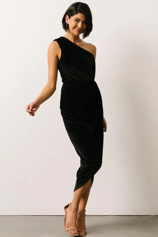 Women Kourtney Velvet One Shoulder Midi Dress Black Baltic Born Midi Dresses Women Kourtney Velvet One Shoulder Midi Dress Black Baltic Born Midi Dresses