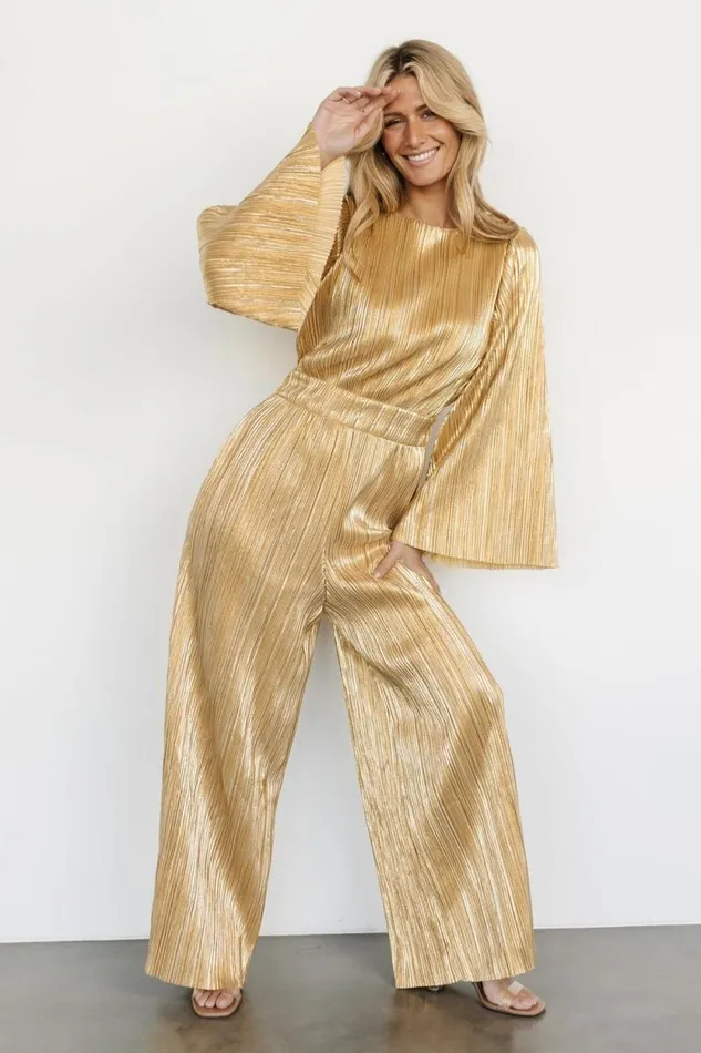 Women La Rambla Pleated Jumpsuit Gold Baltic Born Jumpsuits and Rompers Women La Rambla Pleated Jumpsuit Gold Baltic Born Jumpsuits and Rompers