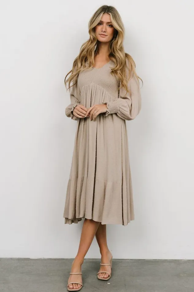 Women Lainey Smocked Dotted Midi Dress Beige Baltic Born Bump Friendly Women Lainey Smocked Dotted Midi Dress Beige Baltic Born Bump Friendly