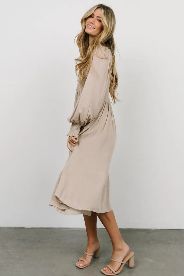 Women Lainey Smocked Dotted Midi Dress Beige Baltic Born Bump Friendly Women Lainey Smocked Dotted Midi Dress Beige Baltic Born Bump Friendly