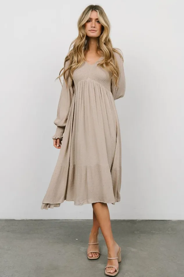 Women Lainey Smocked Dotted Midi Dress Beige Baltic Born Bump Friendly Women Lainey Smocked Dotted Midi Dress Beige Baltic Born Bump Friendly