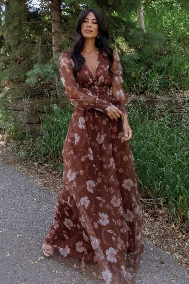 Women Layla Tulle Maxi Dress Chestnut Floral Baltic Born Bump Friendly
