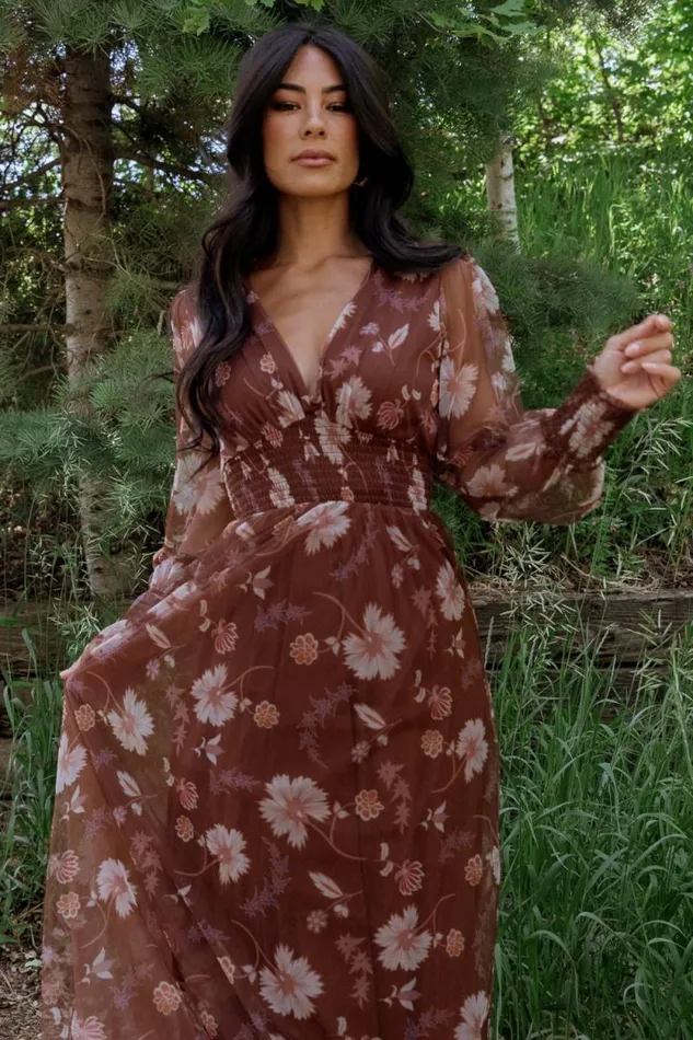 Women Layla Tulle Maxi Dress Chestnut Floral Baltic Born Bump Friendly