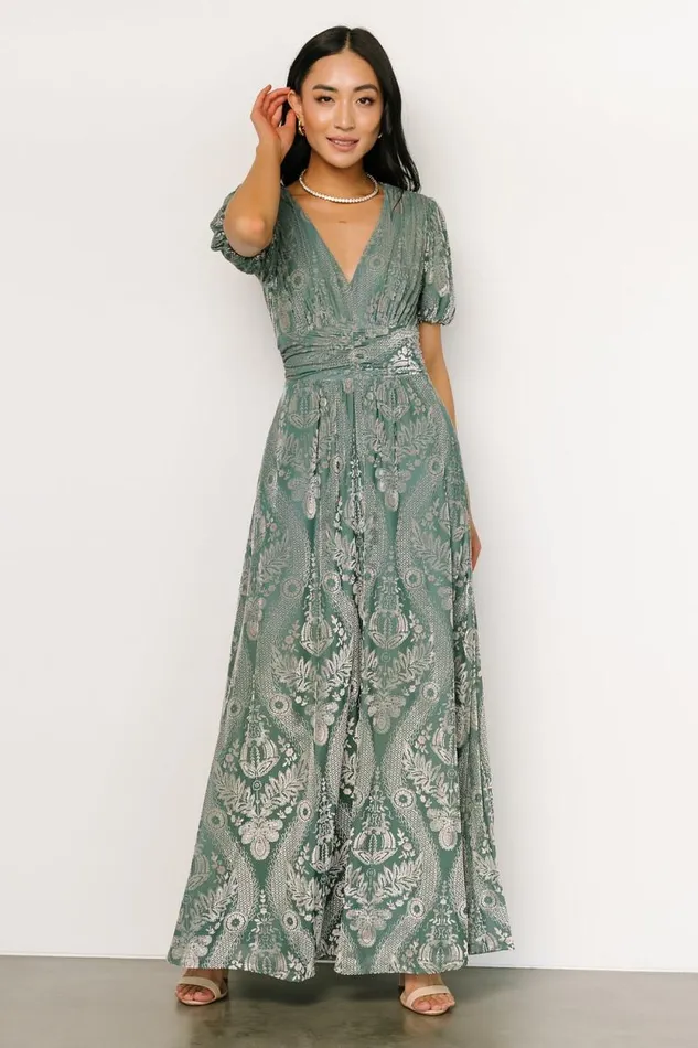 Women Leslie Velvet Maxi Dress Sage Silver Baltic Born Maxi Dresses