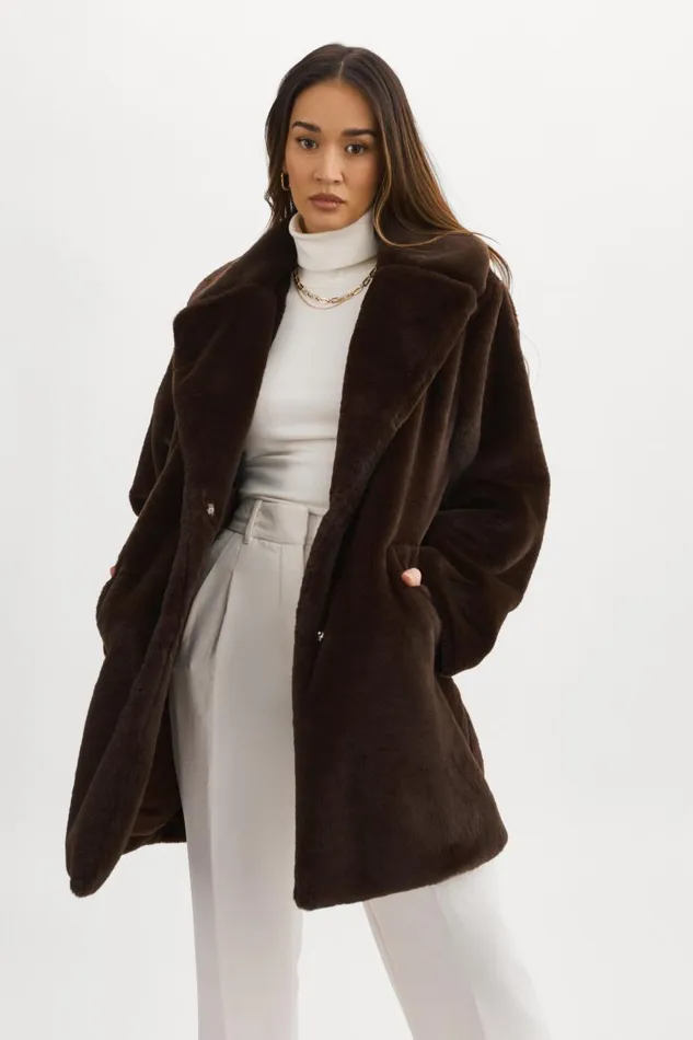 Women LINNEA Faux Fur Coat Bitter Chocolate LAMARQUE Faux Fur