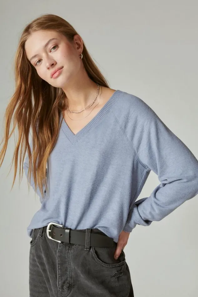 Women Lucky Brand Activewear Cloud Jersey Long Sleeve V Neck Flint Stone