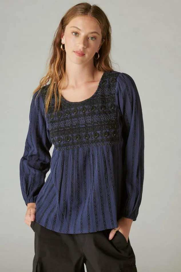 Women Lucky Brand All Tops Beaded Embroidered Peasant Top Navy