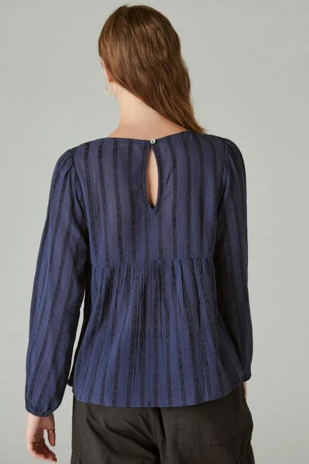 Women Lucky Brand All Tops Beaded Embroidered Peasant Top Navy